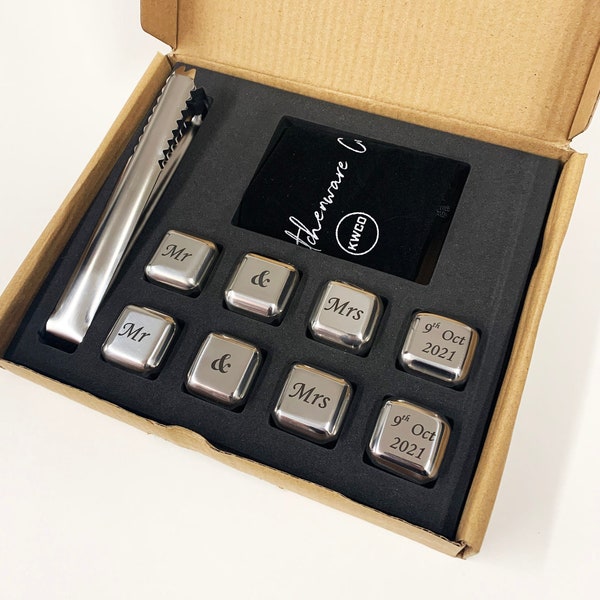 Personalised "Mr & Mrs" Gift Set of 8 eco-friendly reusable stainless steel ice cubes/whisky stones