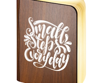 Personalised Wooden Folding Magnetic Glowing LED Book Lamp featuring Small Steps Everyday design