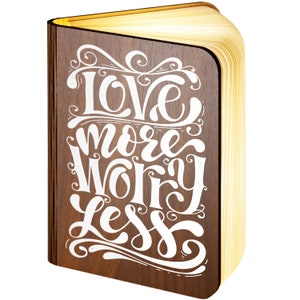 Personalised Wooden Folding Magnetic Glowing LED Book Lamp featuring Love More Worry Less design
