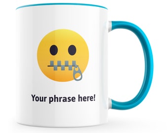 Personalised Emoji Mug featuring zipper mouth face emoji