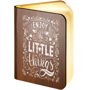 Personalised Wooden Folding Magnetic Glowing LED Book Lamp featuring Enjoy the Little Things design