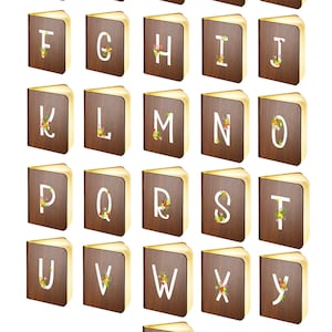 Wooden Folding Magnetic Glowing LED Book Lamp featuring Floral Letter - personalise with your own message on the back