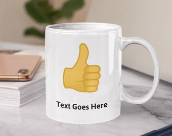 Personalised White Emoji Mug featuring thumbs up emoji