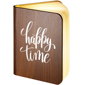 Personalised Wooden Folding Magnetic Glowing LED Book Lamp featuring Happy Time design