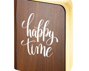 Personalised Wooden Folding Magnetic Glowing LED Book Lamp featuring Happy Time design