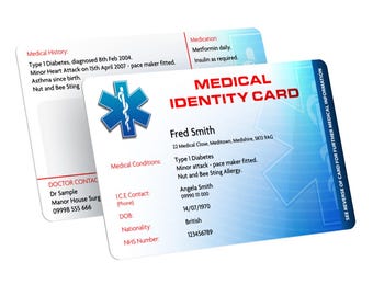 Emergency Medical Identity Card - Credit Card Size - Blue or Pink