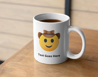 Personalised White Emoji Mug featuring Cowboy Hat emoji