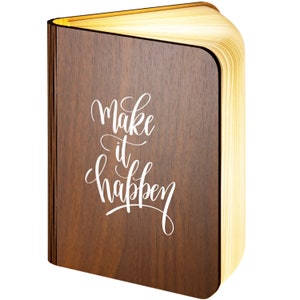 Personalised Wooden Folding Magnetic Glowing LED Book Lamp featuring Make it Happen design