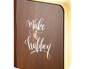 Personalised Wooden Folding Magnetic Glowing LED Book Lamp featuring Make it Happen design