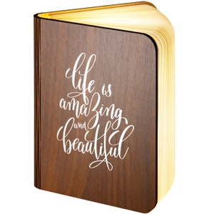 Personalised Wooden Folding Magnetic Glowing LED Book Lamp featuring Life is Amazing and Beautiful design