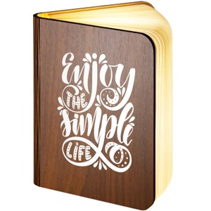 Personalised Wooden Folding Magnetic Glowing LED Book Lamp featuring Enjoy The Simple Life design
