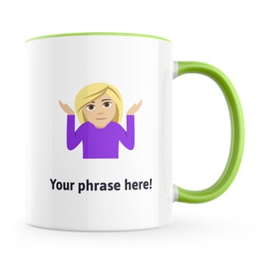 Personalised Emoji Mug featuring woman shrugging medium light skin tone emoji