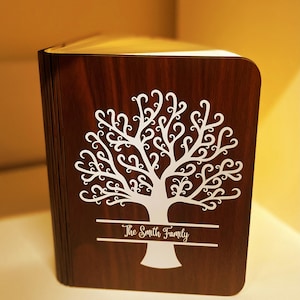 Personalised Wooden Folding Magnetic Glowing LED Book Lamp Family Tree design