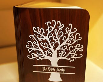 Personalised Wooden Folding Magnetic Glowing LED Book Lamp Family Tree design