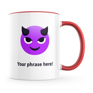 Personalised Emoji Mug featuring smiling face with horns emoji