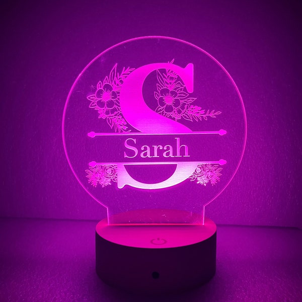 Personalised Floral Name design colour changing nursery night light or bedside light featuring