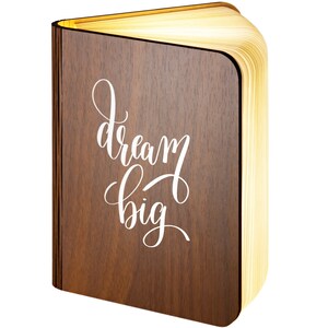 Personalised Wooden Folding Magnetic Glowing LED Book Lamp featuring Dream Big design