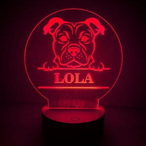 Personalised Staffy Dog design colour changing nursery night light or bedside light