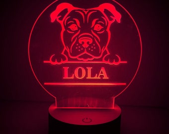 Personalised Staffy Dog design colour changing nursery night light or bedside light featuring