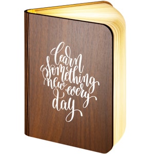 Personalised Wooden Folding Magnetic Glowing LED Book Lamp featuring Learn Something New Every Day design