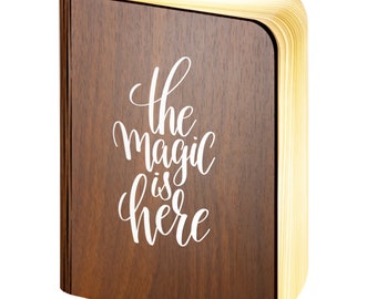 Personalised Wooden Folding Magnetic Glowing LED Book Lamp featuring The Magic is Here design