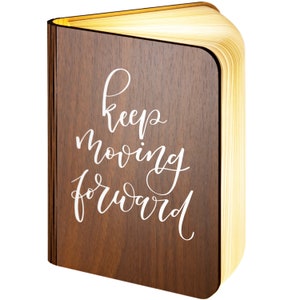 Personalised Wooden Folding Magnetic Glowing LED Book Lamp featuring Keep Moving Forward design