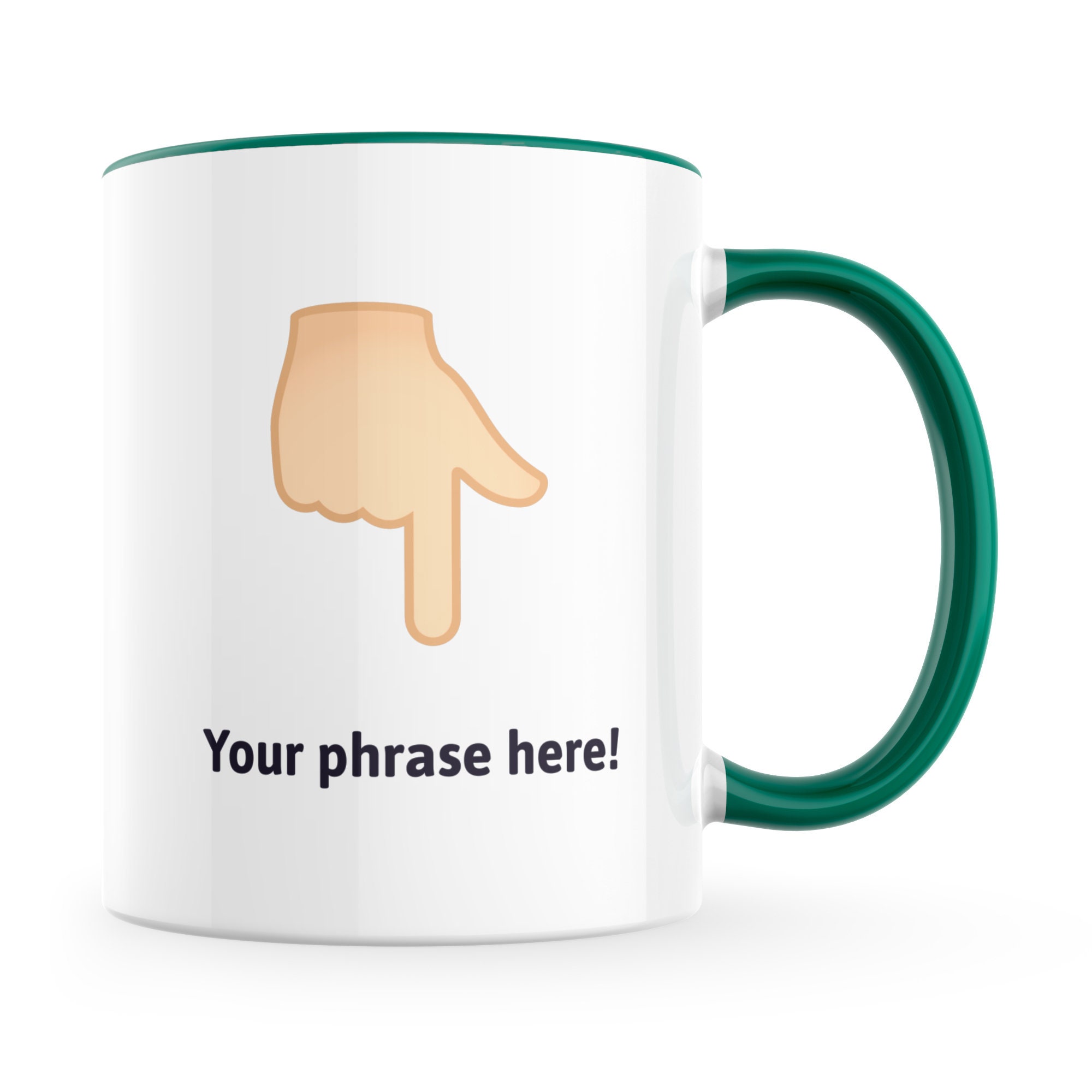 Personalised Emoji Mug featuring backhand index pointing down light skin tone emoji