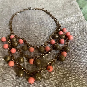 1950&#39;s/1960&#39;s Vintage Three Strand, Beaded Choker with Coral and Brass Beads