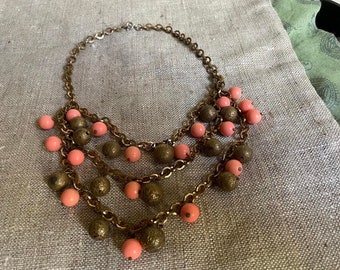 1950's/1960's Vintage Three Strand, Beaded Choker with Coral and Brass Beads