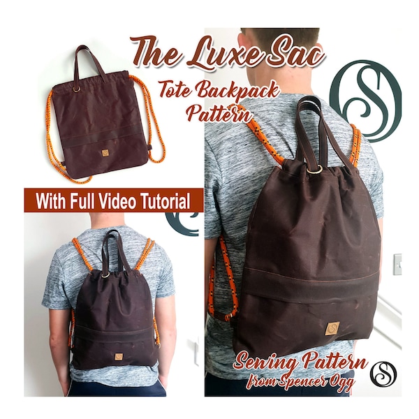 Mens Drawstring Backpack PDF Sewing Pattern & video tutorial. The Luxe Sac. Unisex Bag sewing pattern