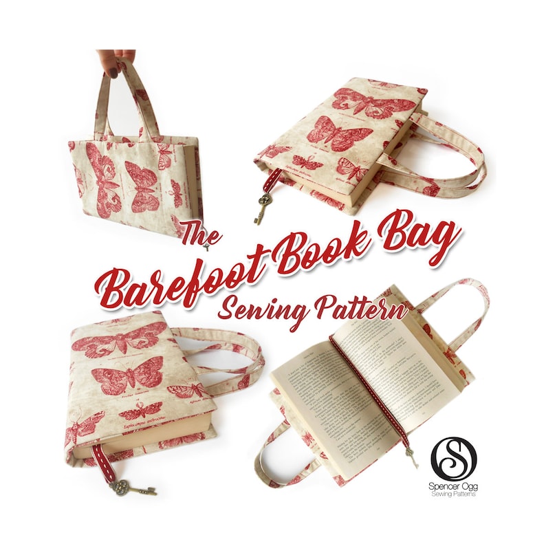 May include: A sewing pattern for a book bag with a butterfly print fabric. The pattern is called "The Barefoot Book Bag Sewing Pattern".