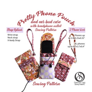 Phone cover PDF sewing pattern with ear bud pocket. Mobile phone pouch