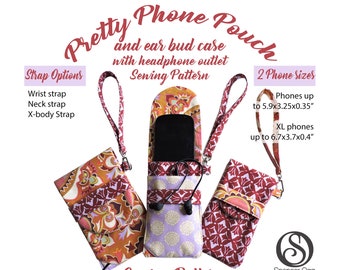 Phone cover PDF sewing pattern with ear bud pocket. Mobile phone pouch