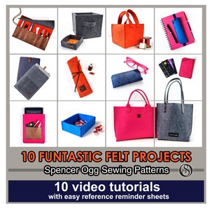 Puede incluir: Un collage de 10 proyectos de manualidades de fieltro, que incluyen un rollo de lápices, una pequeña caja de almacenamiento, una bolsa de mano, un estuche para gafas, un porta tarjetas y una funda para teléfono. Los proyectos están hechos de fieltro en varios colores, incluyendo gris, naranja, rosa y azul. La imagen incluye el texto "10 FUNTASTIC FELT PROJECTS" y "Spencer Ogg Sewing Patterns".