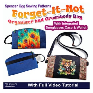 Puede incluir: Un patrón de costura para una bolsa de bandolera con un estuche para gafas de sol y una billetera integrados. El patrón incluye un tutorial de video completo. La imagen muestra dos ejemplos de la bolsa, uno con un estampado de plumas de pavo real y el otro con un estampado de leopardo.