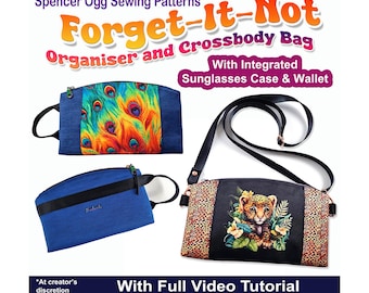 May include: A sewing pattern for a crossbody bag with a built-in sunglasses case and wallet. The pattern includes a full video tutorial. The image shows two examples of the bag, one with a peacock feather print and the other with a leopard print.