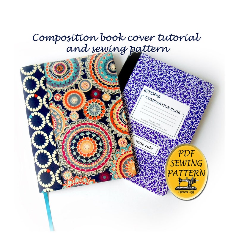 May include: A PDF sewing pattern for a composition book cover. The pattern includes a colorful mandala design and a solid blue cover with white polka dots. The image also shows a composition book with a purple and white speckled cover.