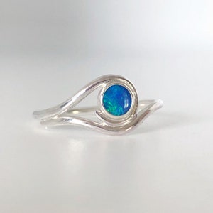 Australian opal swirl wave ring. Flashy opal doublet ring. Sterling silver.