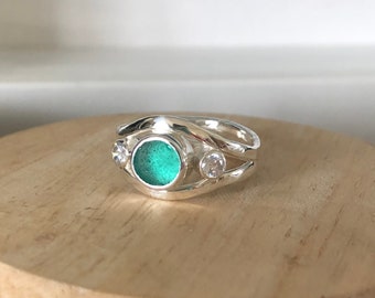 Sea glass engagement ring. Sterling silver Sea glass and gemstone. Handmade.