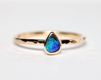 9ct Gold Australian Boulder Opal Ring, Hammered Band