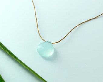 Aqua chalcedony briolette drop necklace. Thread necklace. Minimalist jewellery. Gold filled. Bridesmaid.