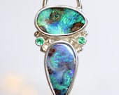 Statement Australian boulder Opal necklace with emerald & tanzanite