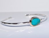 Rose cut Turquoise cuff bracelet. Sterling silver and 9ct gold adjustable bangle.