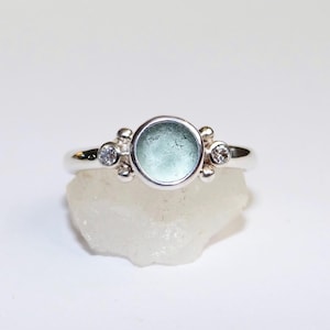 Sea glass engagement ring. Sterling silver Sea glass and moissanite ring.