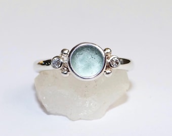 Sea glass engagement ring. Sterling silver Sea glass and moissanite ring.