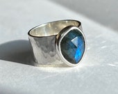 Wide rose cut gemstone ring. Sterling silver