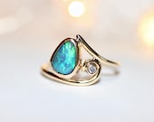 Gold Australian opal ring. Solid 9ct Yellow gold Australian black opal and diamond ring