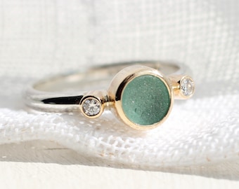 Sea glass engagement ring. Sterling silver and 9ct yellow gold Sea glass and gemstone ring.