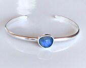 Rose cut Labradorite cuff bracelet. Sterling silver and gemstone adjustable bangle. Blue flash labradorite