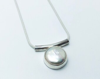 Contempory silver coin pearl necklace. Wedding jewellery. Bridal